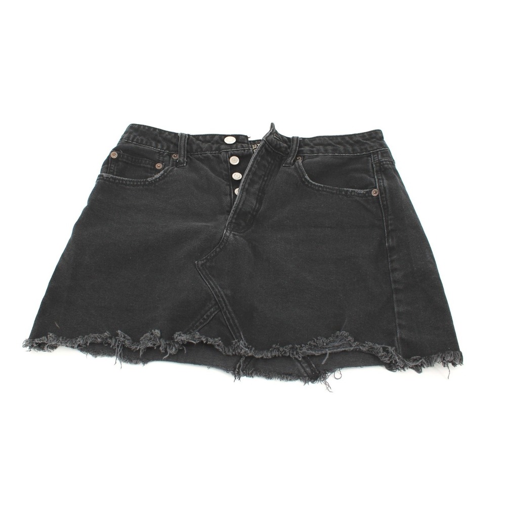 American Eagle Outfitters Black Denim Mini Skirt Button Fly Raw Hem‎ Size 6